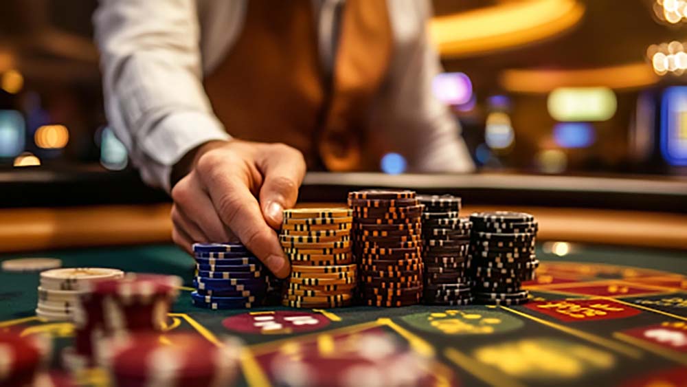 Live dealer handing casino chips at a poker table